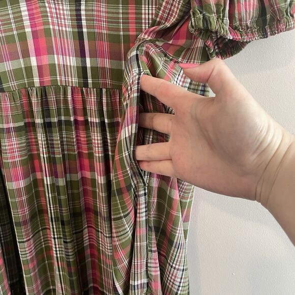 POCKETS! Crown & Ivy Tiered Maxi Dress Olive Wahoo Plaid Ruffle Neck Size M - Picture 6 of 12